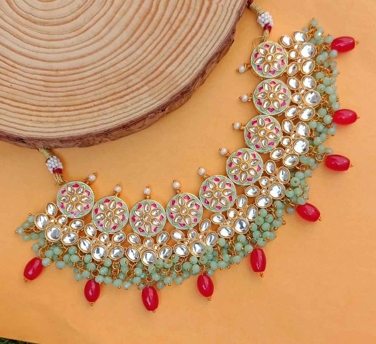 Gold Plated Mint Green Kundan Meenakari Traditional Necklace Set