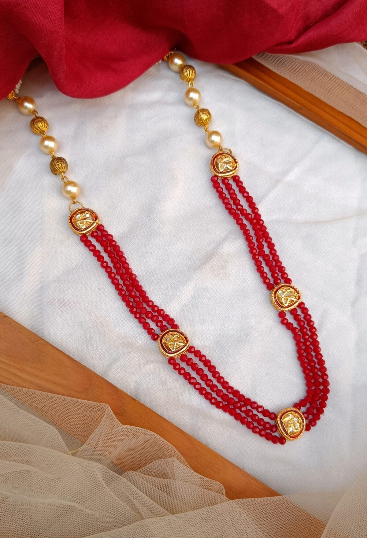 Red Beaded 3 layered  With Designer Kundan  Mala