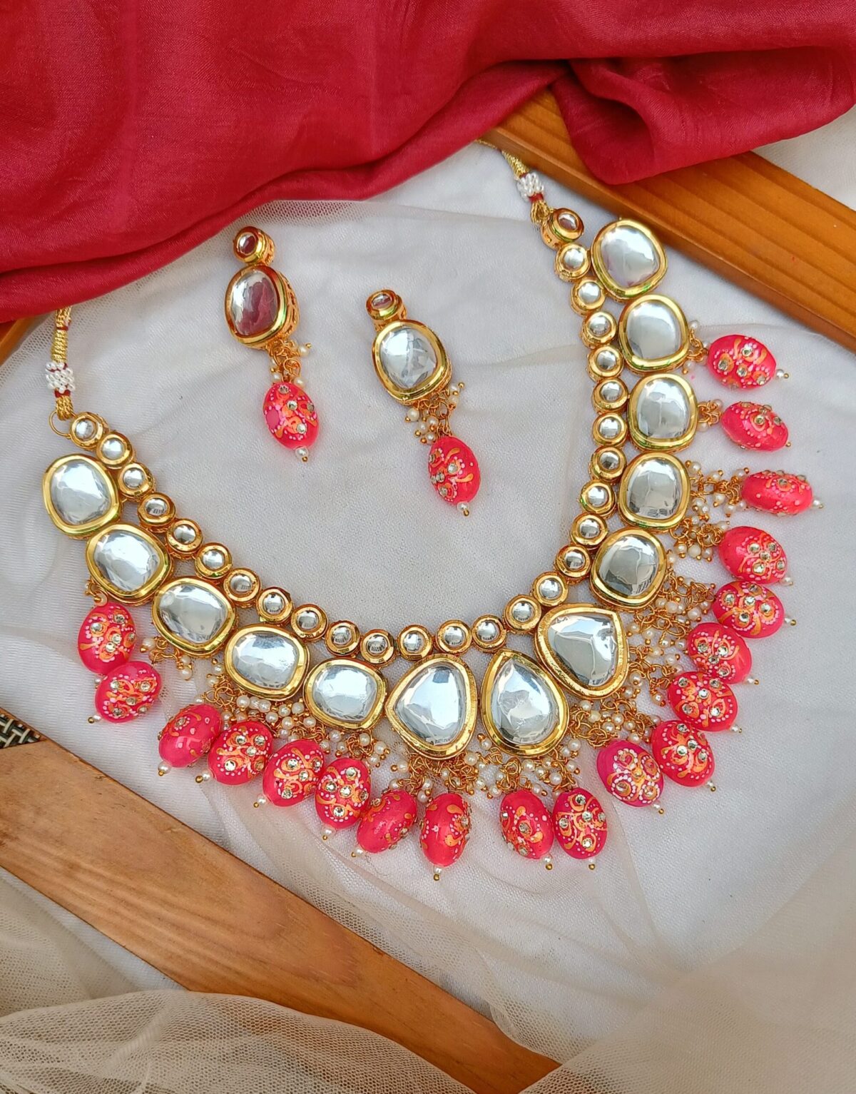 FHF Gold Plated Kundan With Pink Beads Necklace Set