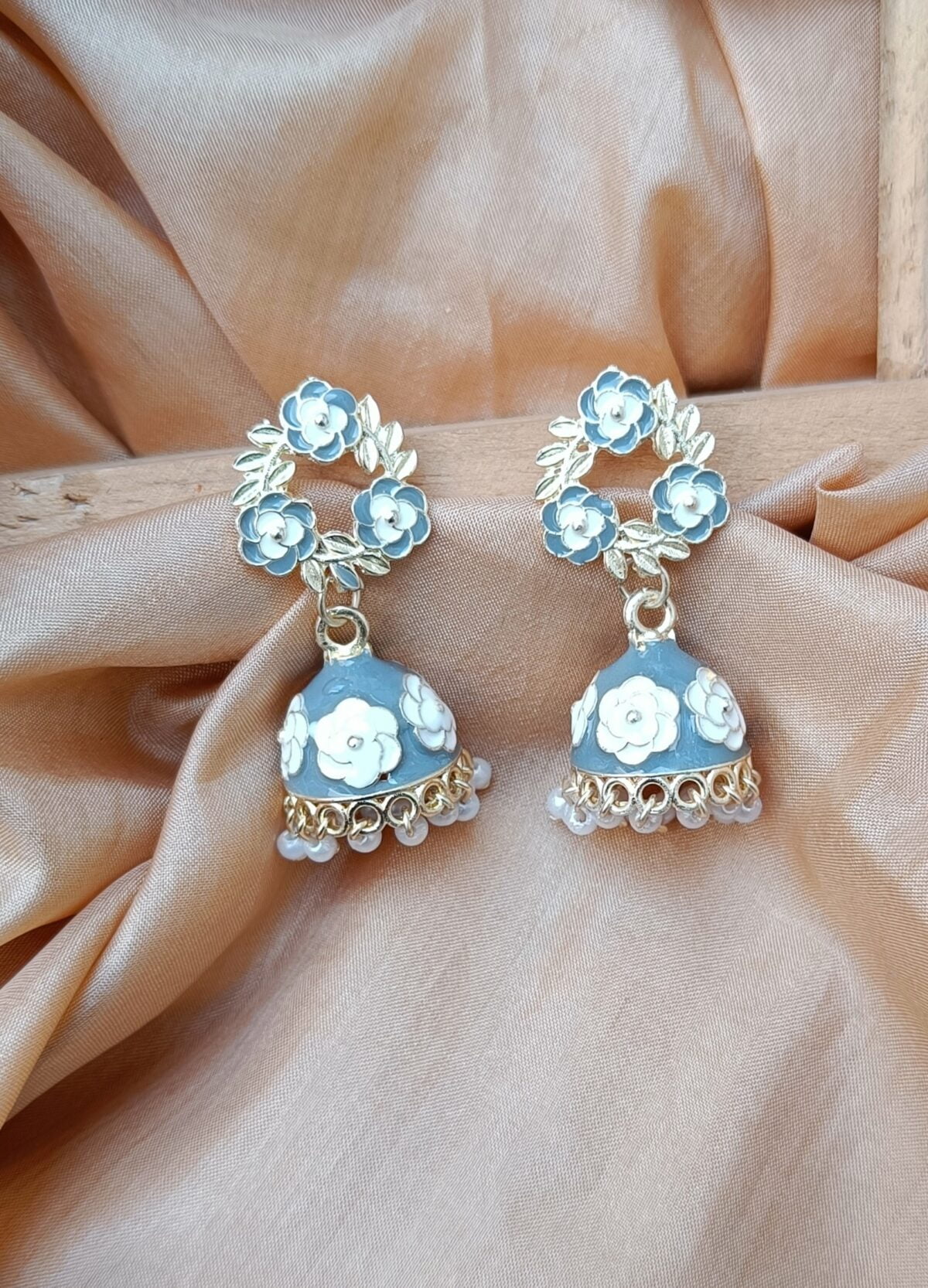 Gold Plated Flower Small Grey Jhumki Earrings