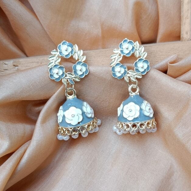 Gold Plated Flower Small Grey Jhumki Earrings