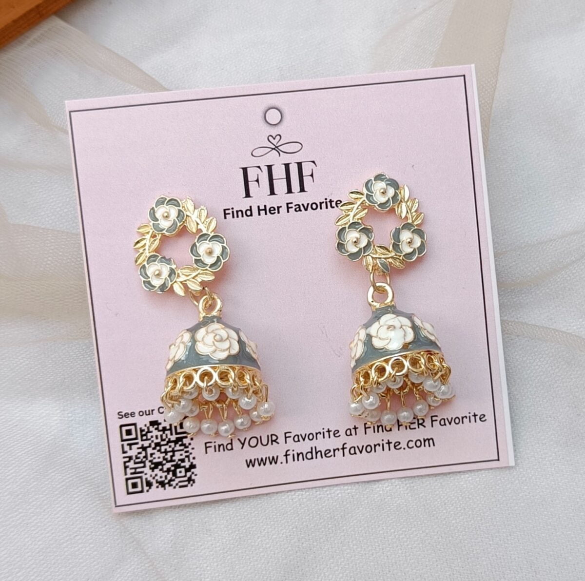 Gold Plated Flower Small Grey Jhumki Earrings - Image 3