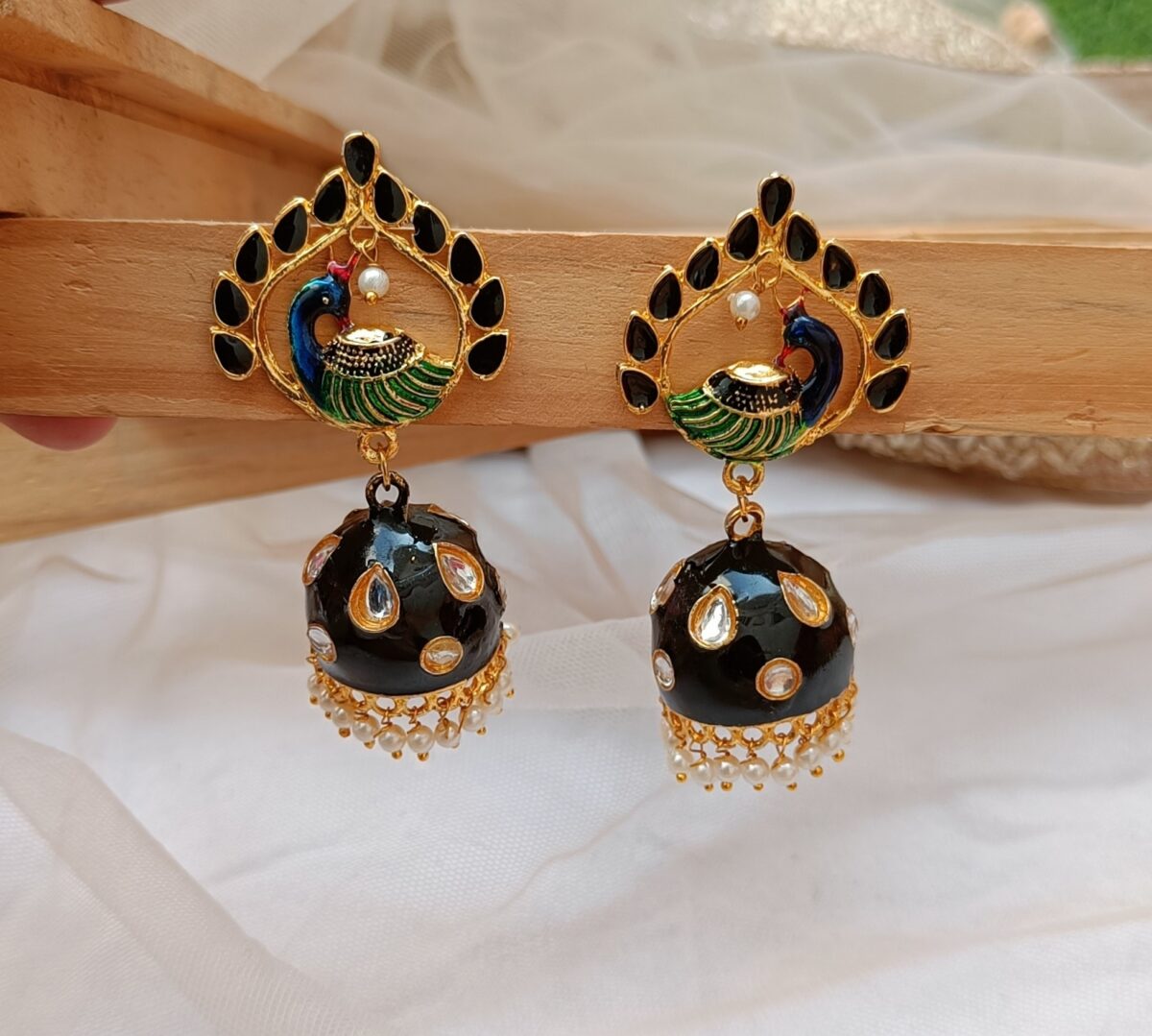 Gold Plated Black Taj Peacock KM Jhumka Earrings