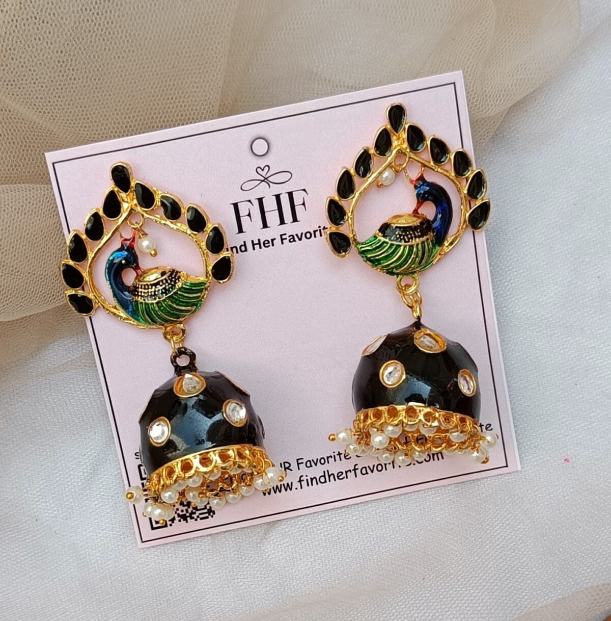 Gold Plated Black Taj Peacock KM Jhumka Earrings - Image 3