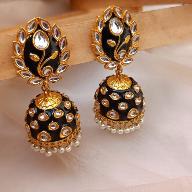 Gold Plated Black Kundan Stone Meenakari  jhumka Earrings (ERJ01)