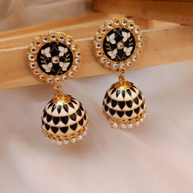 Gold Plated Black Meenakari Jhumka Earrings