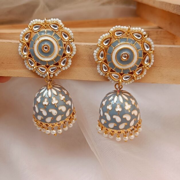 Gold Plated Grey Meenakari Beaded Jhumka Earrings