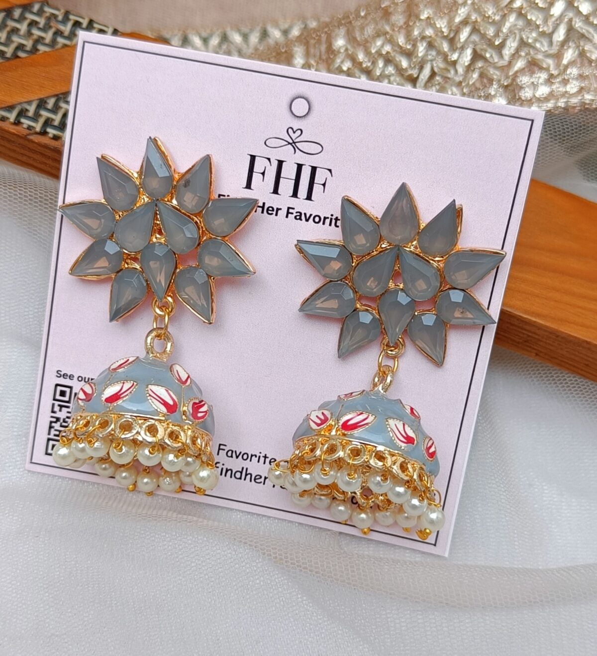 Gold plated Handpainted Grey Stone Beaded Jhumka Earrings - Image 2