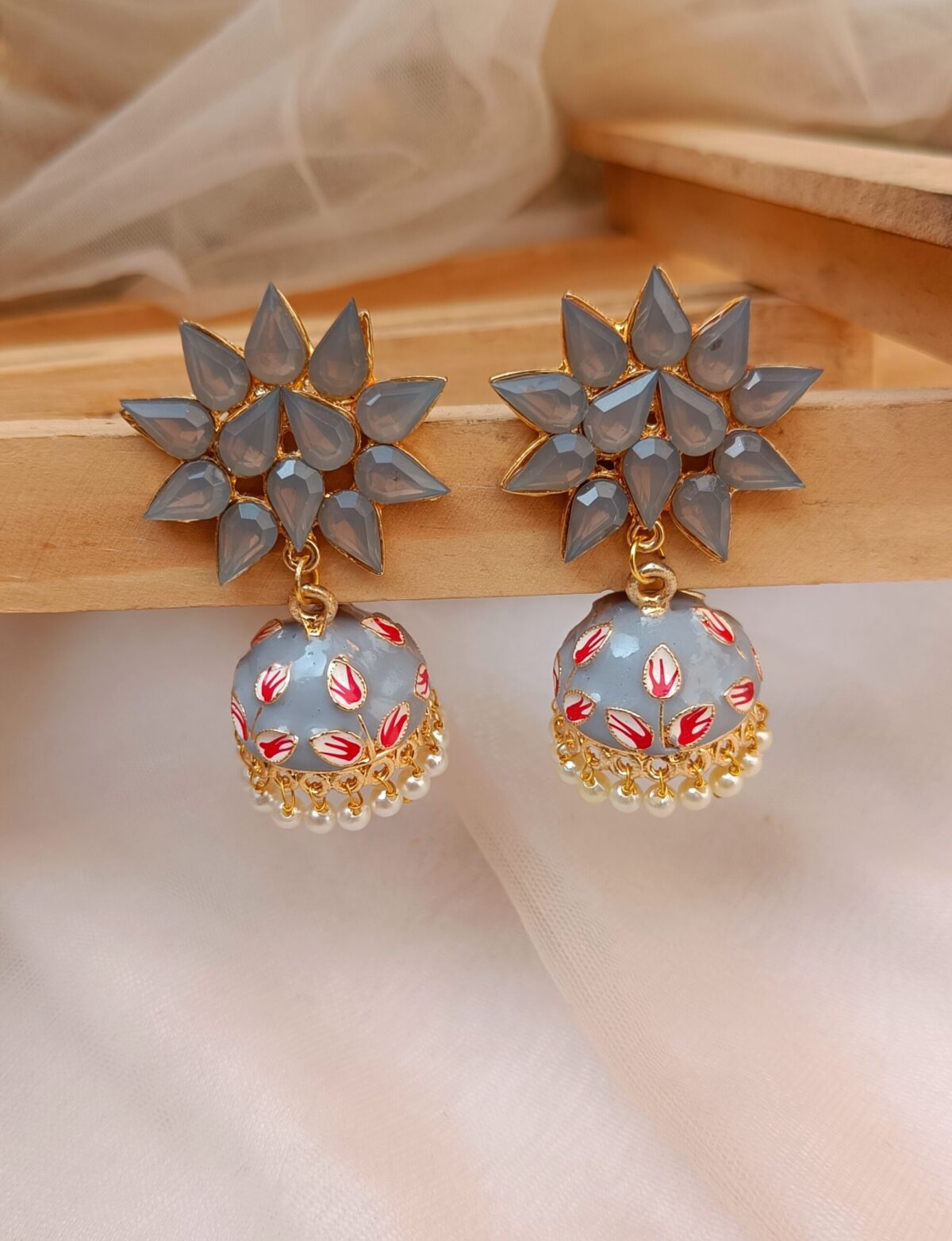 Gold plated Handpainted Grey Stone Beaded Jhumka Earrings