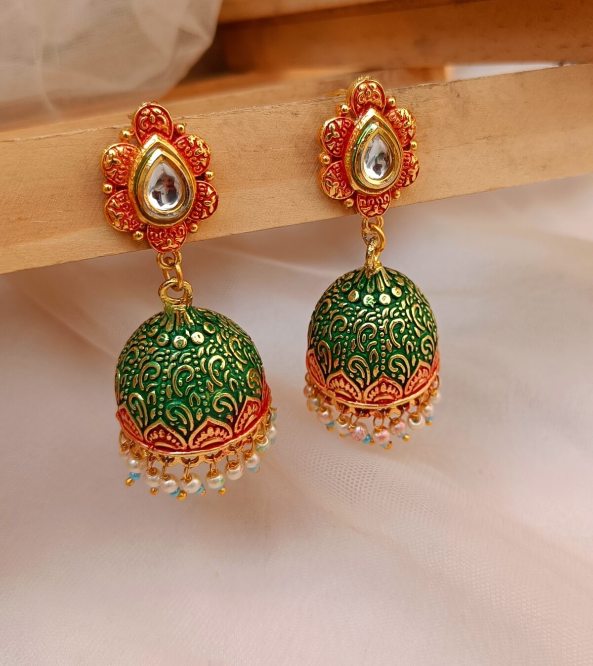 Gold Plated Red & Green Kundan Meenakari Jhumka Earrings