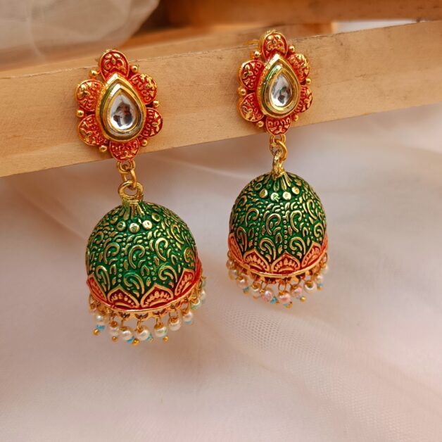 Gold Plated Red & Green Kundan Meenakari Jhumka Earrings