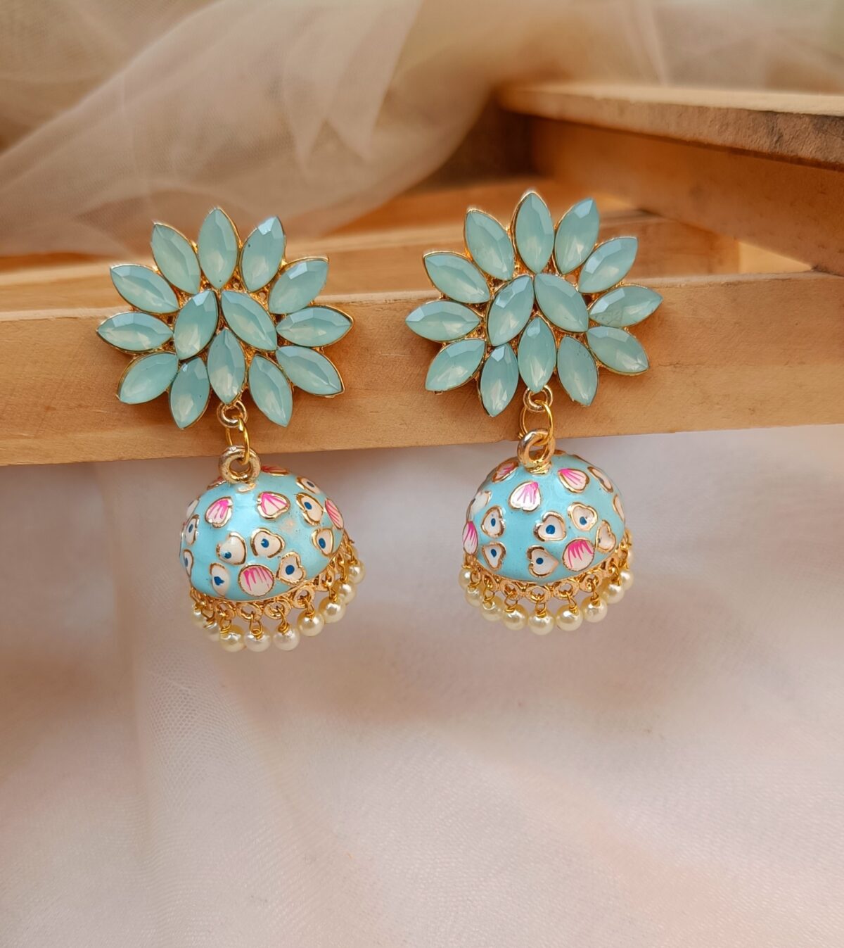 Gold plated Handpainted Lite Blue Stone Beaded Jhumka Earrings