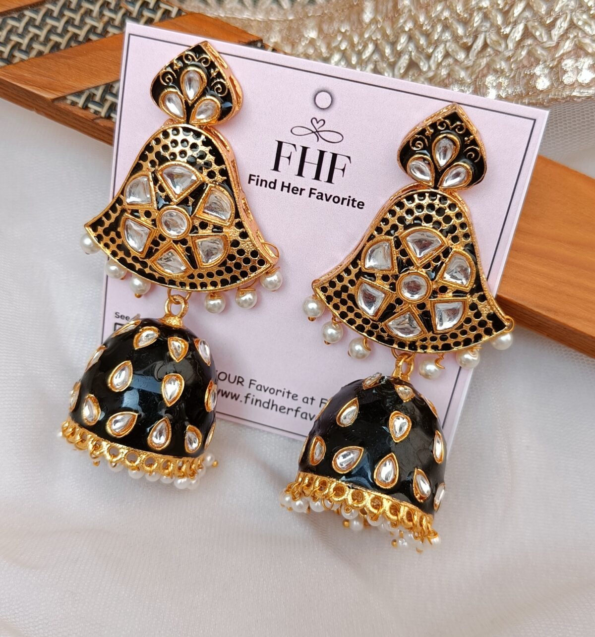 Gold Plated Black Kundan Traditional Jhumka Earrings (ERJ02) - Image 3