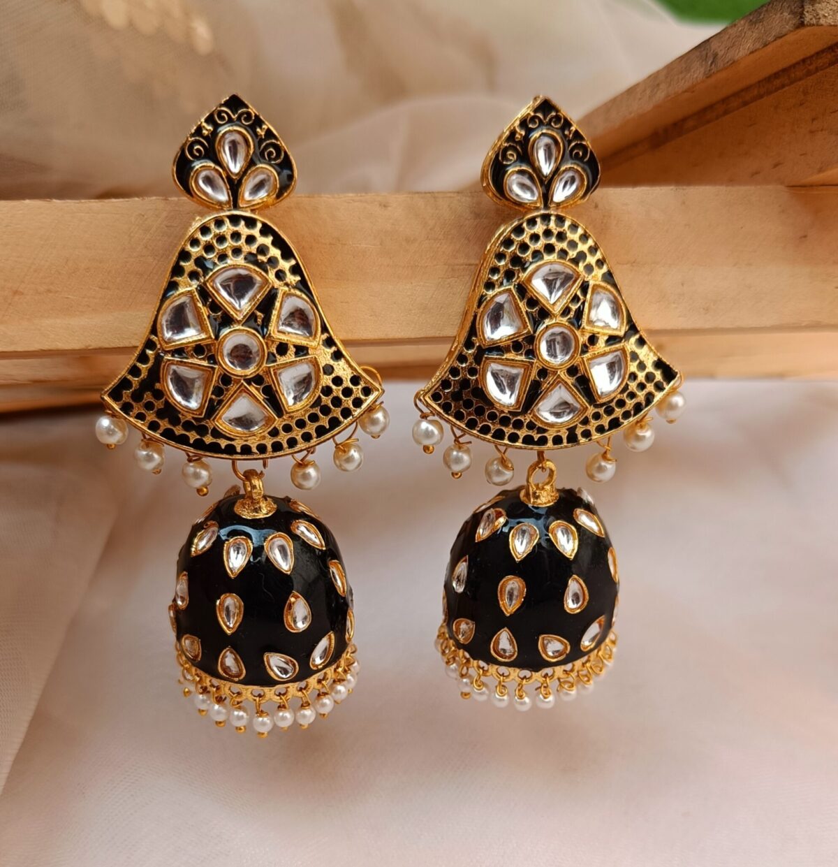 Gold Plated Black Kundan Traditional Jhumka Earrings (ERJ02)