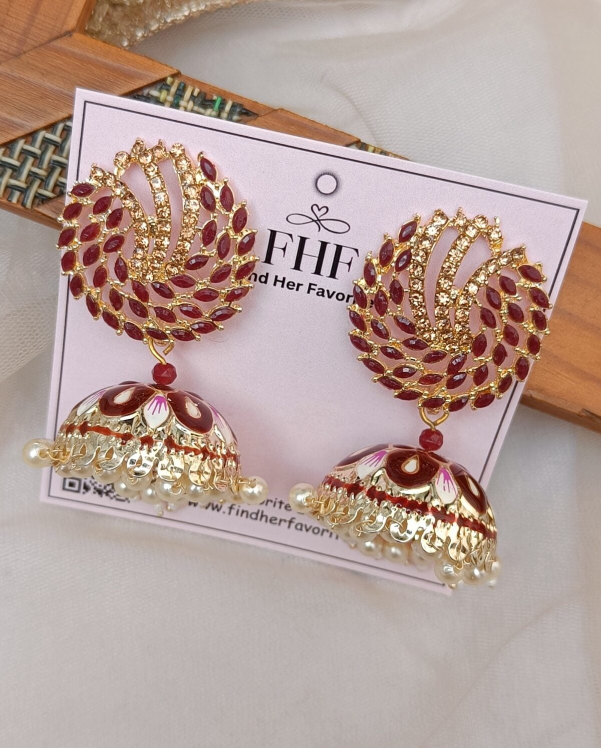 Gold Plated Maroon Stone Handpainted Jhumka Earings - Image 3