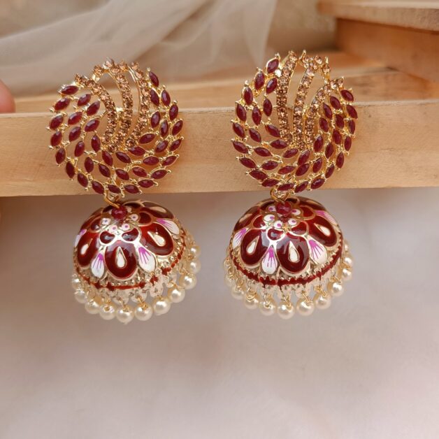 Gold Plated Maroon Stone Handpainted Jhumka Earings