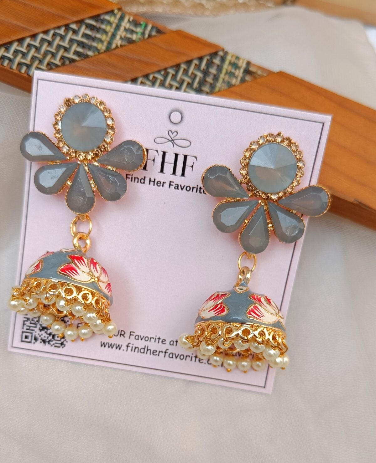 Gold plated Handpainted Grey Stone Beaded Jhumka Earrings - Image 2