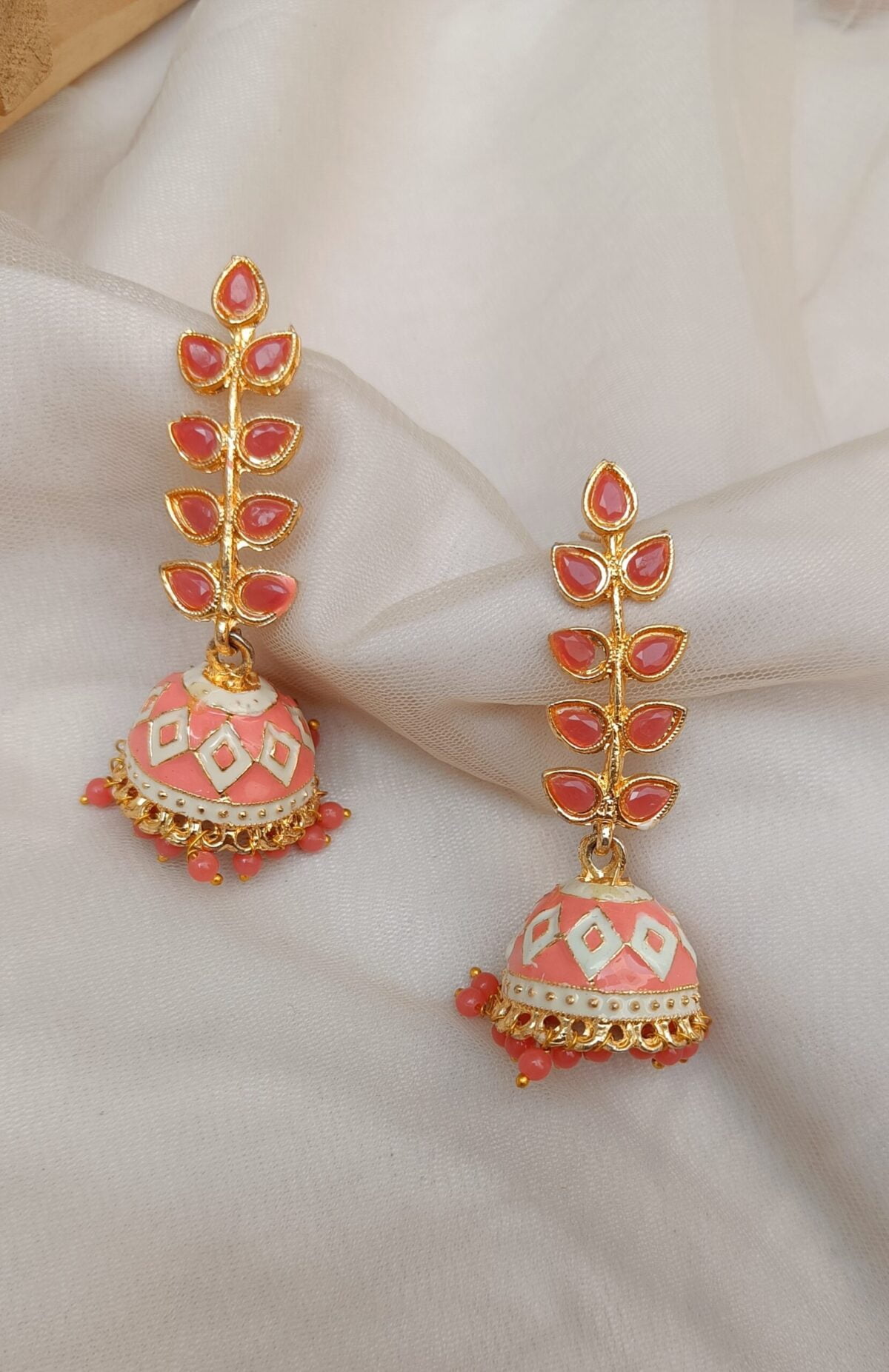 Gold Plated Leafy Meenakari Jhumka Earrings (ERJ30)