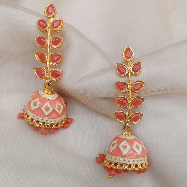 Gold Plated Leafy Meenakari Jhumka Earrings (ERJ30)