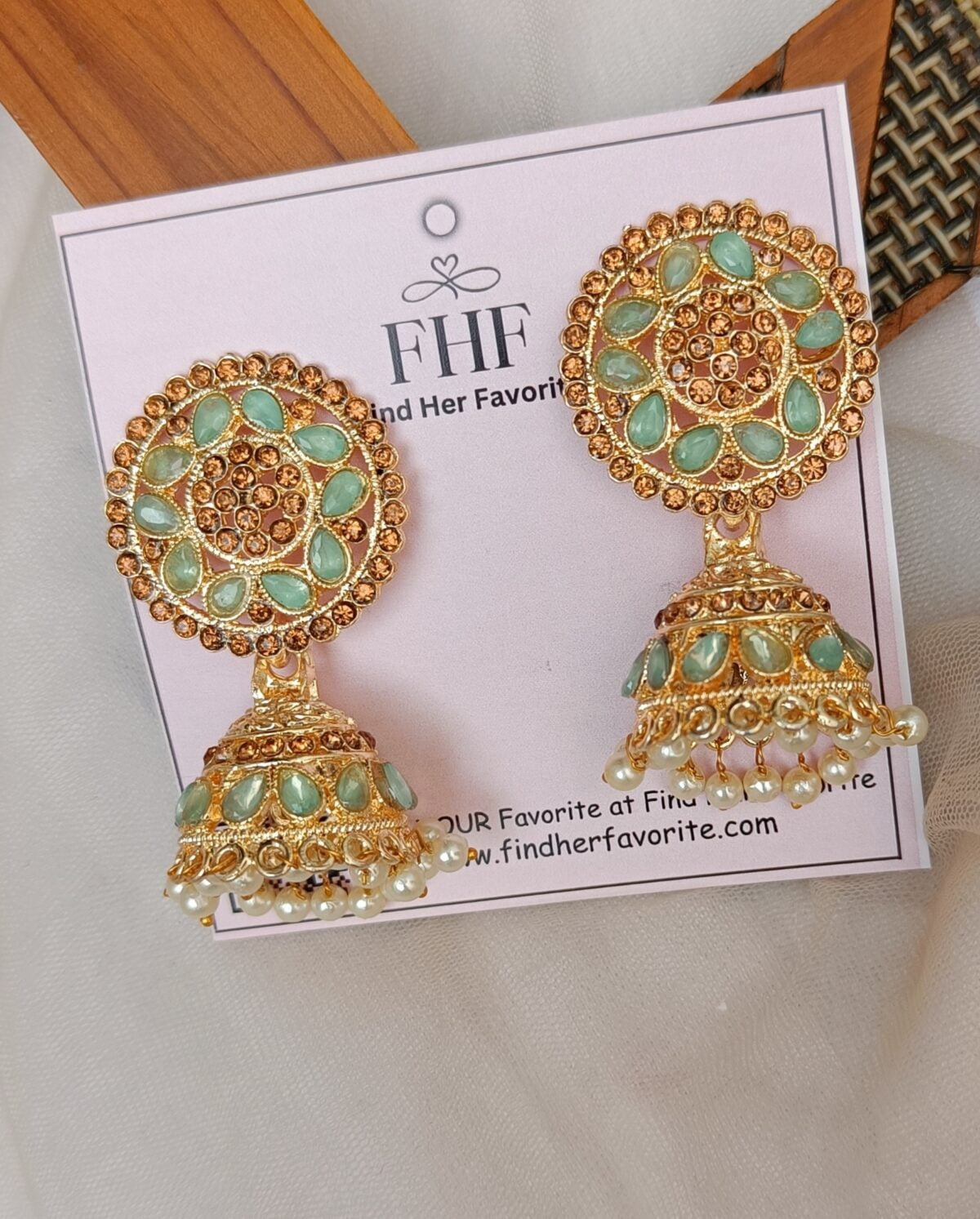 Gold Plated Mint Green Stone Jhumka Earrings - Image 2