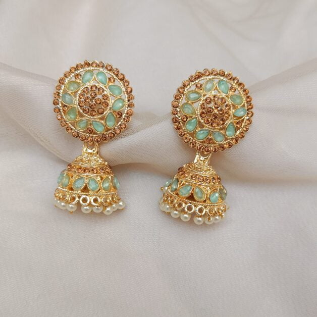 Gold Plated Mint Green Stone Jhumka Earrings