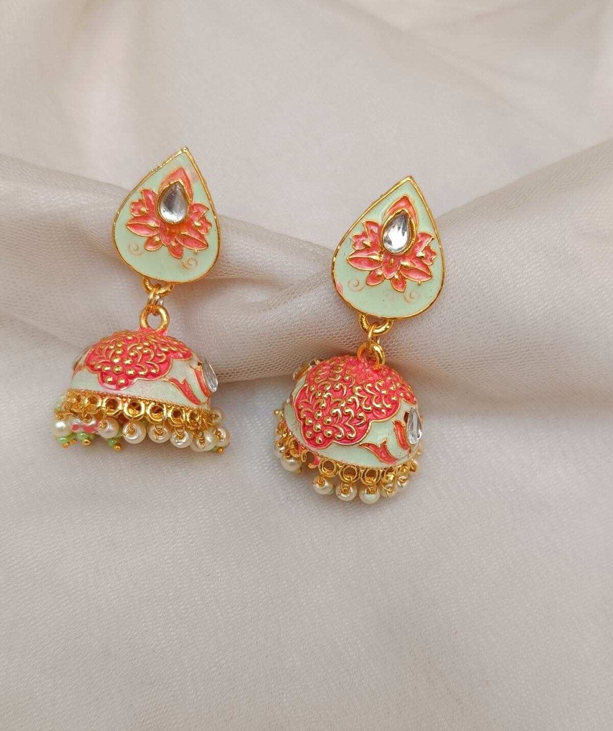 Gold Plated Drop Meenakari Jhumka Earrings