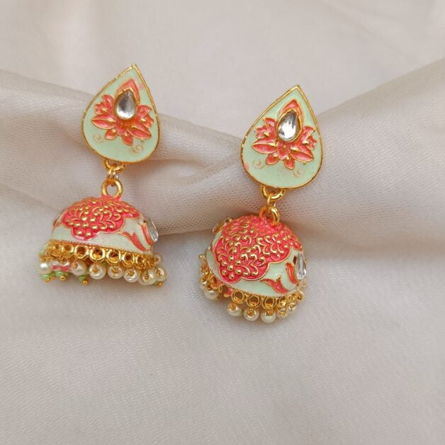 Gold Plated Drop Meenakari Jhumka Earrings