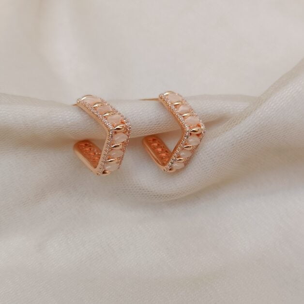 Rose Gold Plated Stone Studded Square Shaped Hoop Earrings