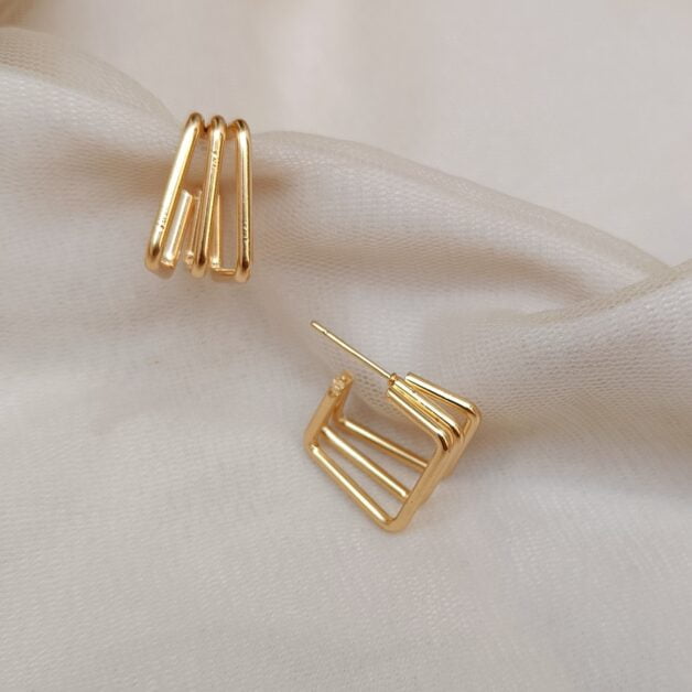 Gold Plated Layered Square Hoops Earrings