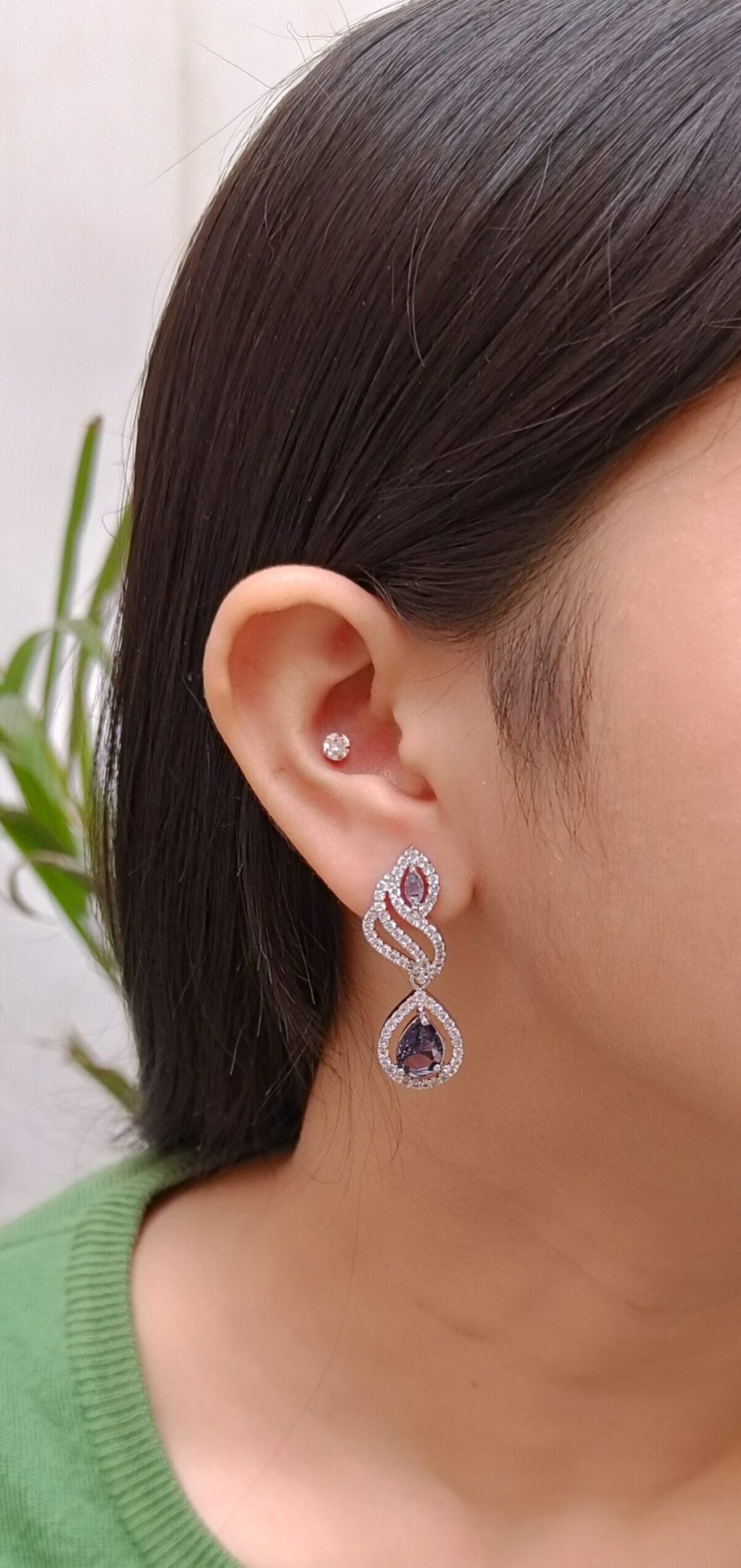 FHF Silver Plated Designer Purple Stone Drop Earrings - Image 2