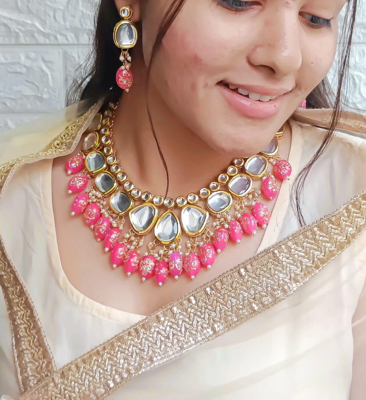 FHF Gold Plated Kundan With Pink Beads Necklace Set - Image 2