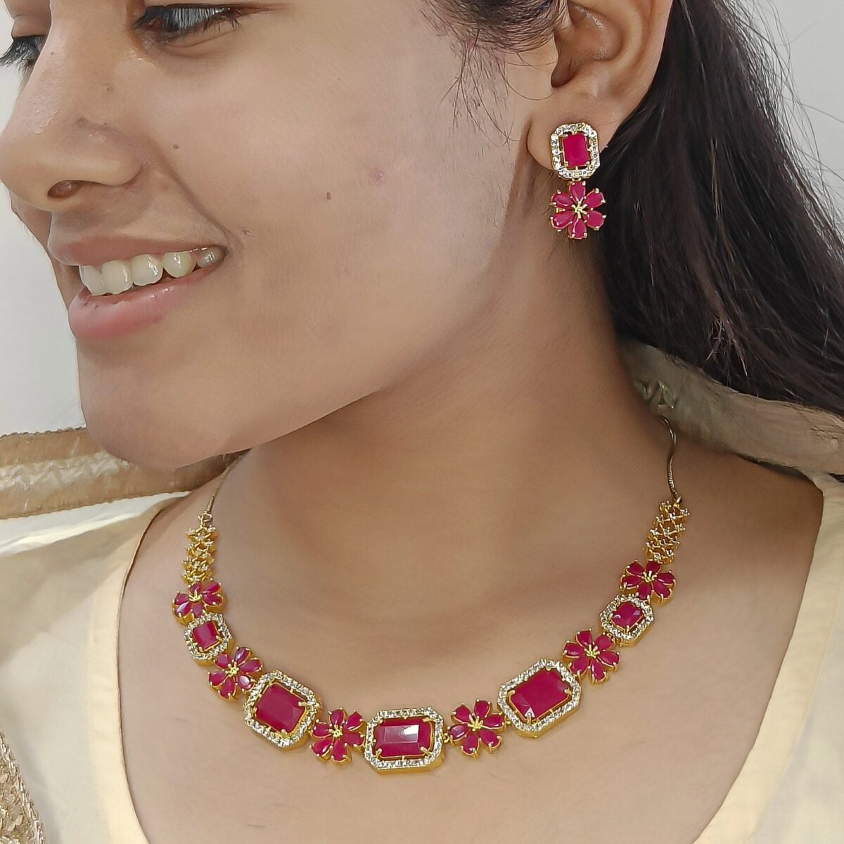 Gold Plated Pink Stone American Diamond Necklace Set - Image 2