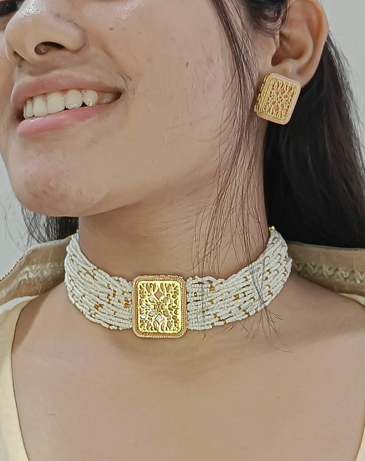 Gold Plated Designer Choker Necklace Set - Image 2