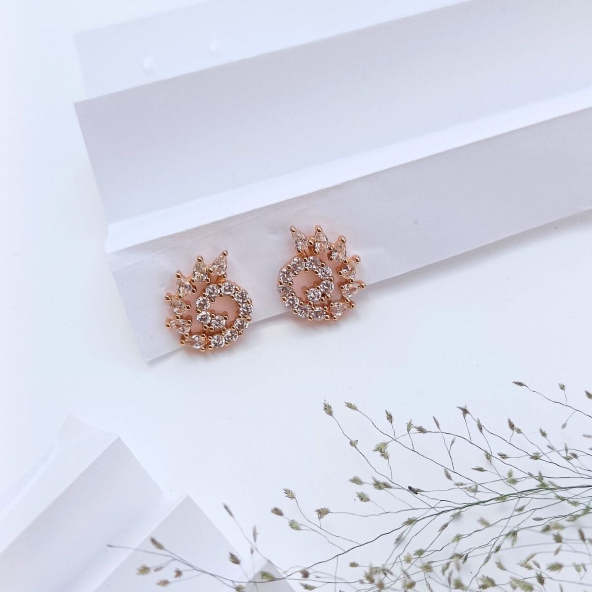 FHF Rose Gold Plated American Diamond Designer Stud Earrings