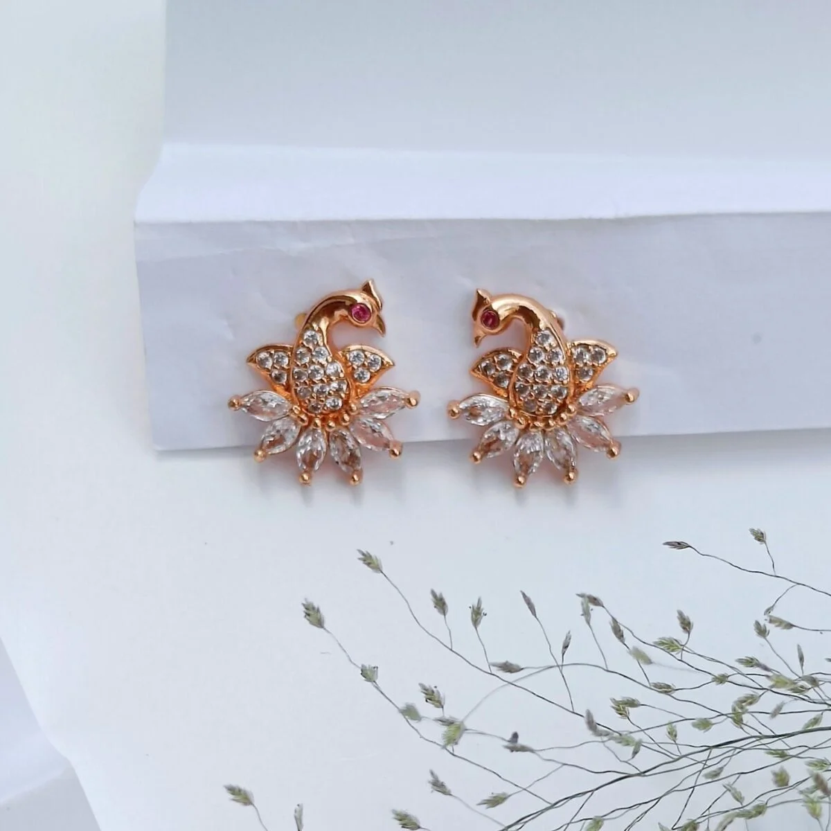 FHF Rose Gold Plated American Diamond Peacock  Stud Earrings