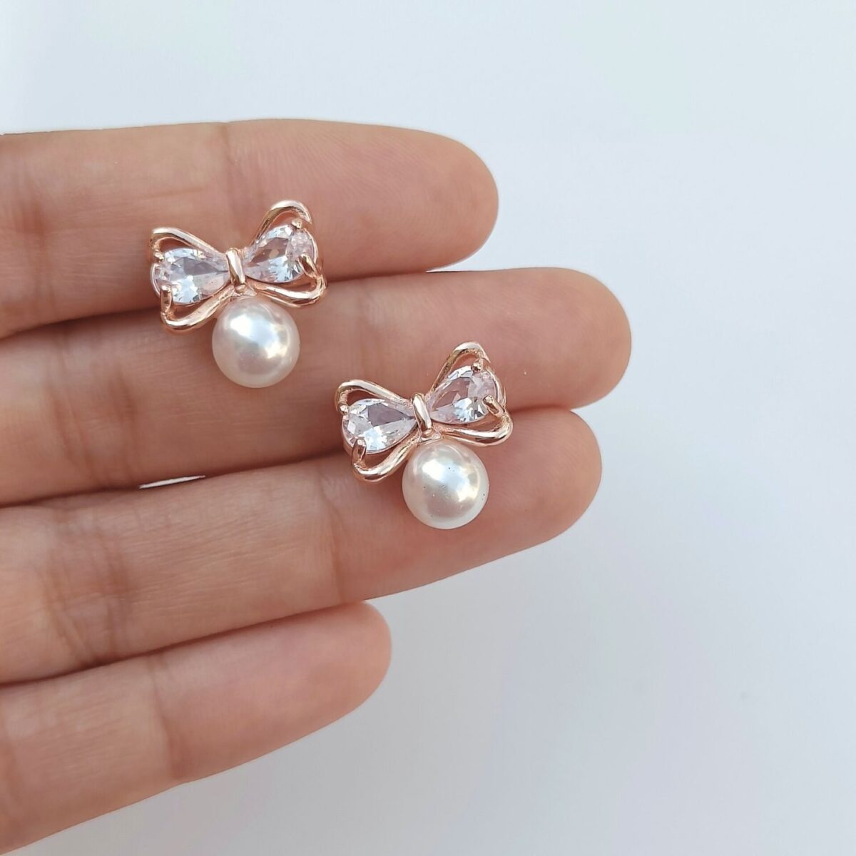 FHF Rose Gold Plated American Diamond Pearl Bow Earrings - Image 2