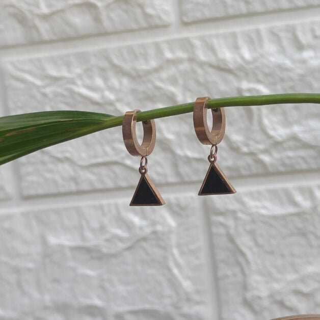 Rose Gold Plated Stainless Steel Black Tringle Earrings