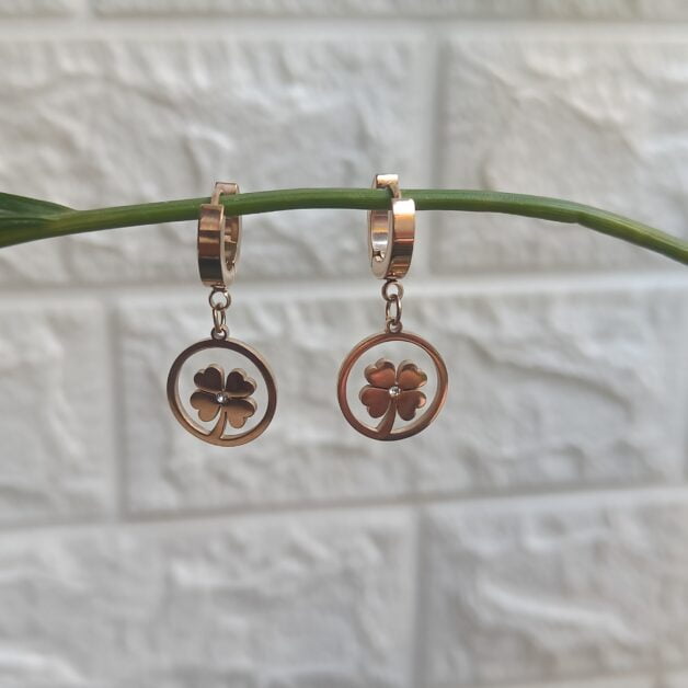 Rose Gold Plated Stainless Steel Flower Dangler Earrings