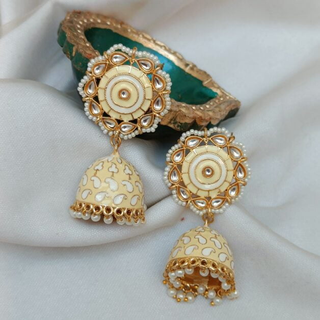Light Yellow Meenakari Beaded Jhumka Earrings