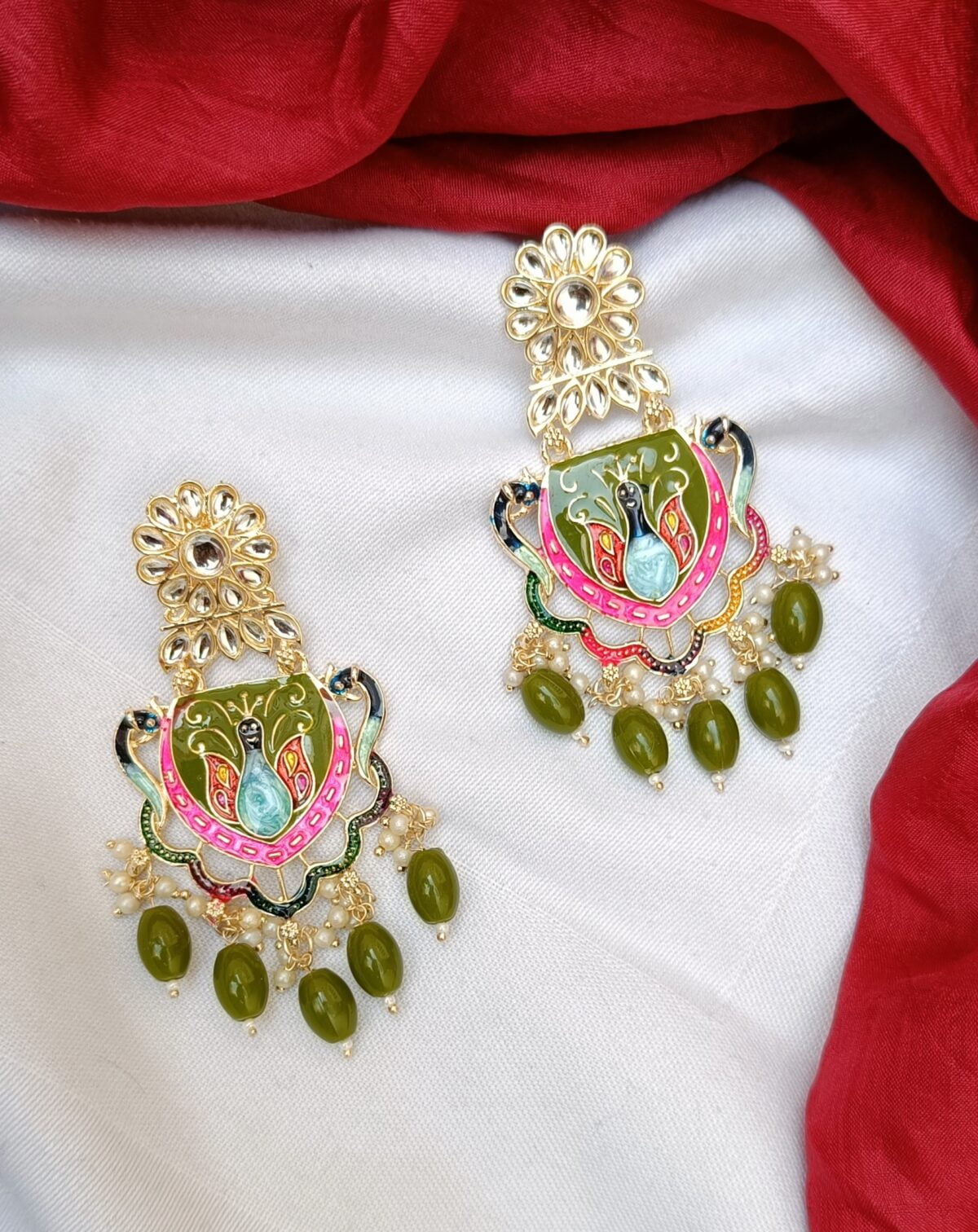 Gold Plated Peacock Beaded Chandbali -Green