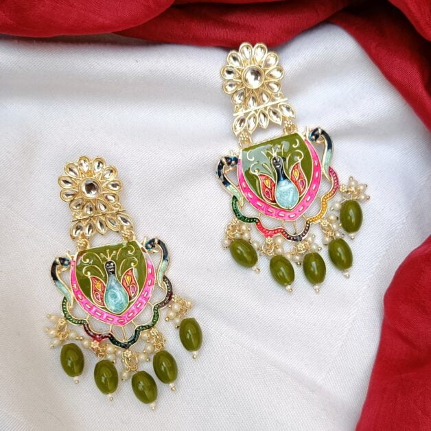 Gold Plated Peacock Beaded Chandbali -Green