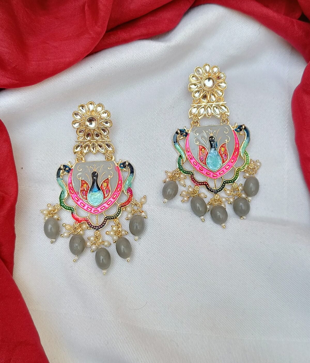 Gold Plated Peacock Beaded Chandbali -Grey