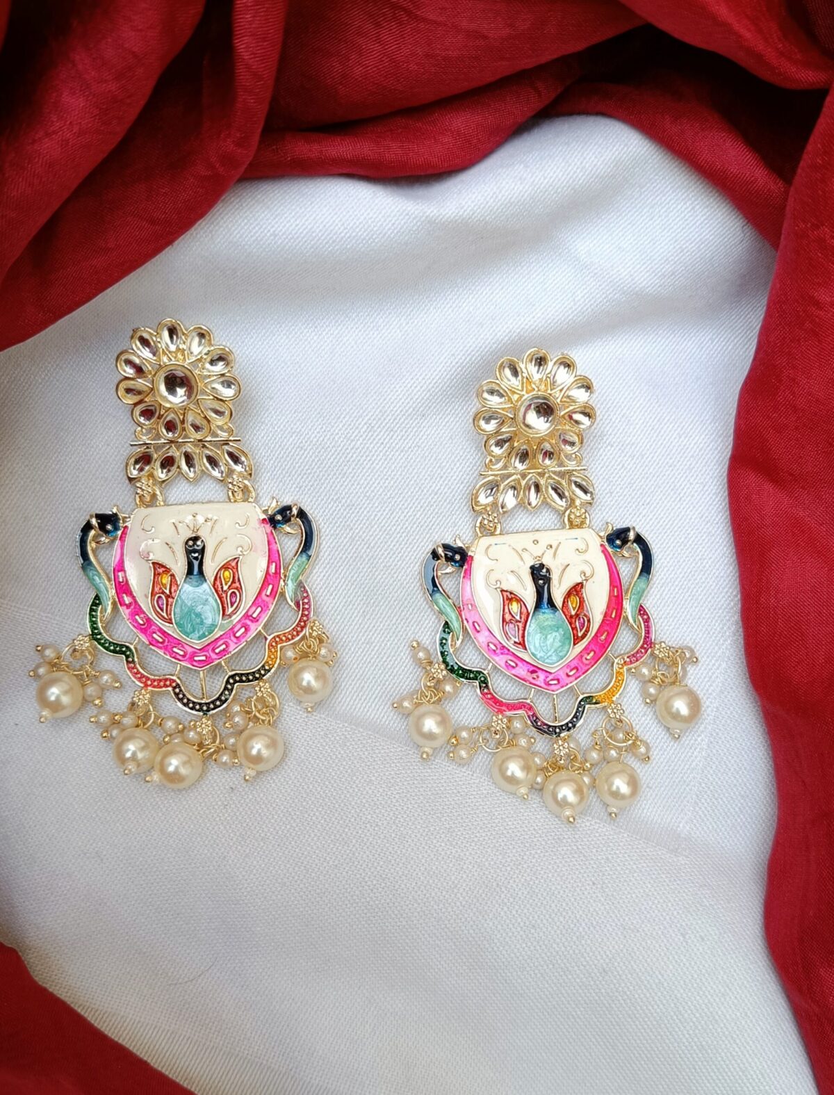 Gold Plated Peacock Beaded Chandbali -White