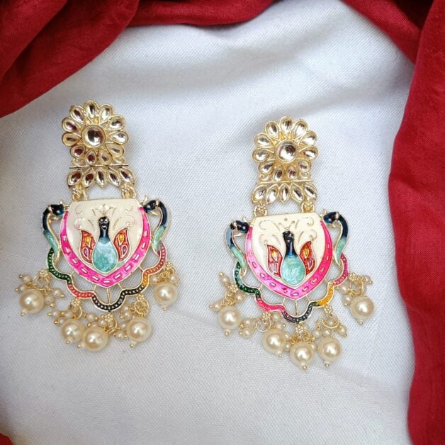 Gold Plated Peacock Beaded Chandbali -White