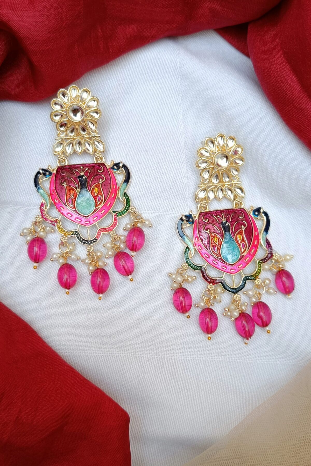 Gold Plated Peacock Beaded Chandbali -Pink