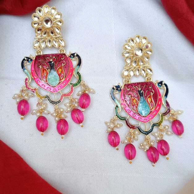Gold Plated Peacock Beaded Chandbali -Pink