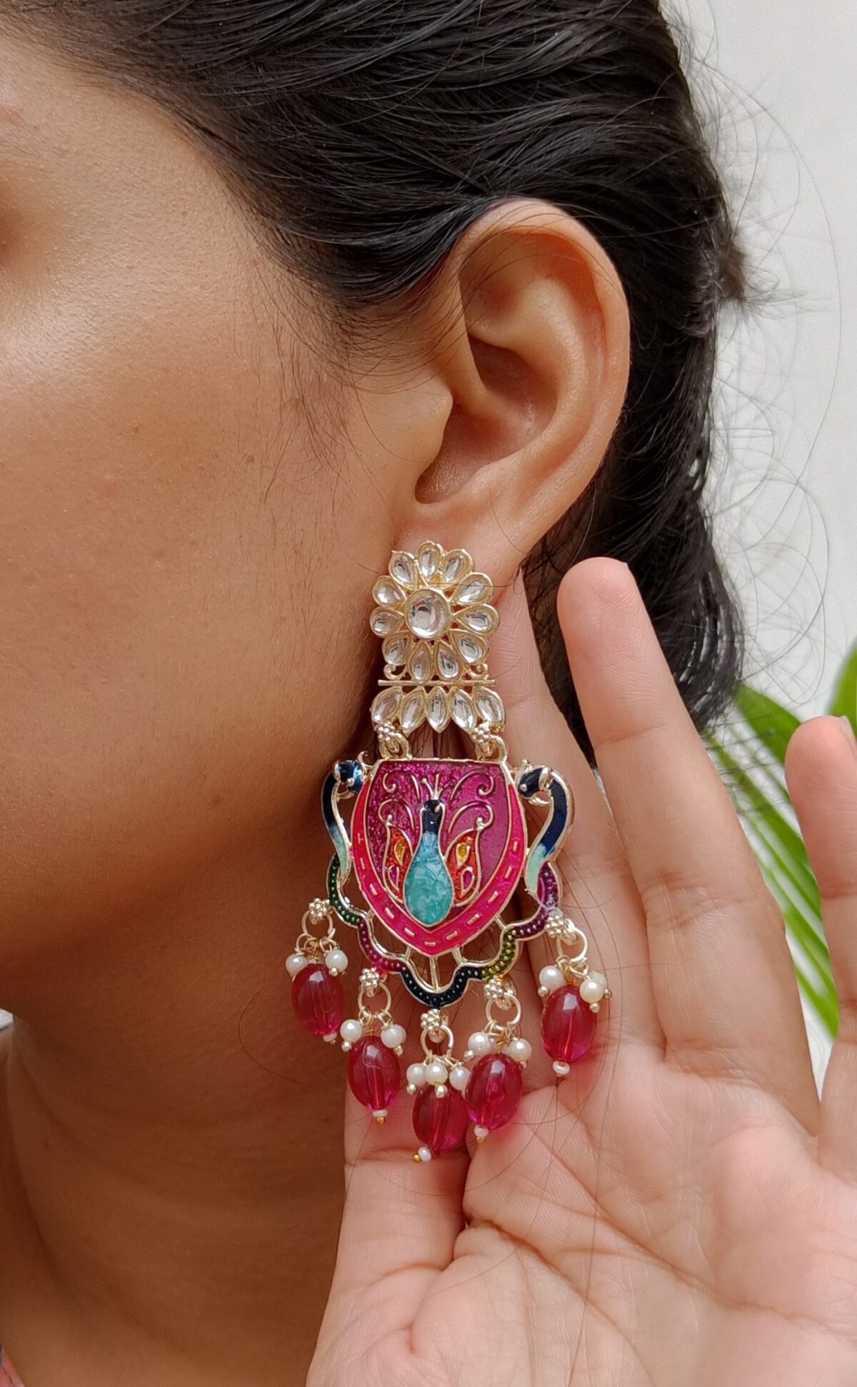 Gold Plated Peacock Beaded Chandbali -Pink - Image 2