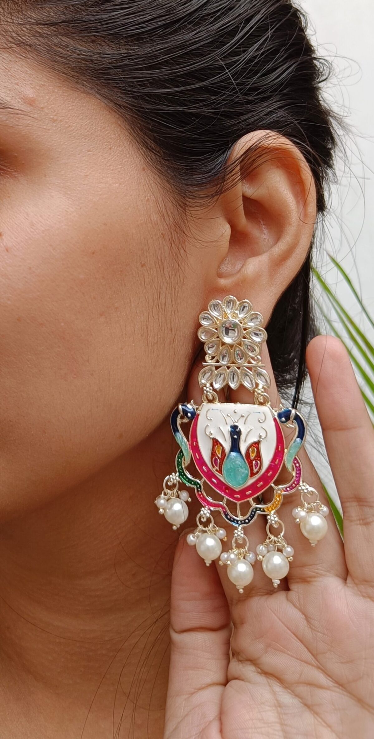 Gold Plated Peacock Beaded Chandbali -White - Image 2