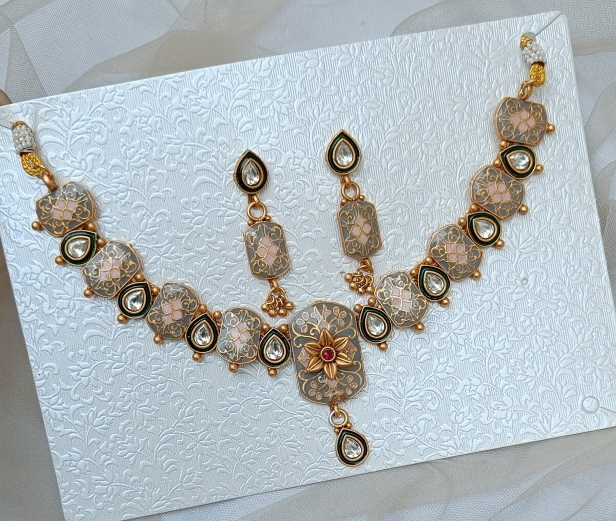 Gold Plated Kundan Stone Studded Necklace Set - Image 2