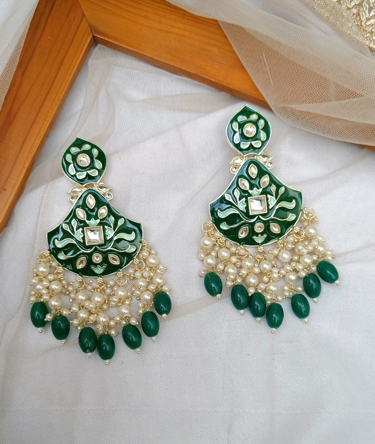 Gold Plated Green Meenakari Kundan Studded Traditional Earrings